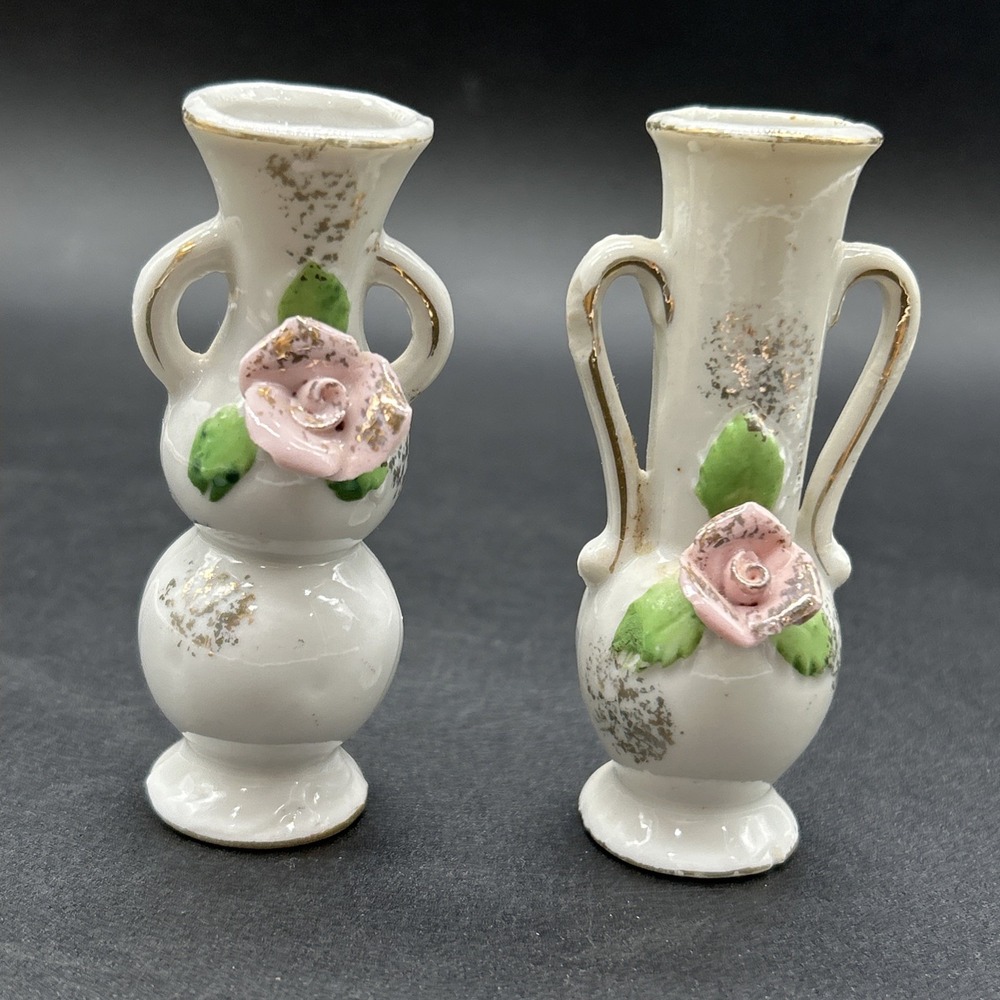 Vintage Japan Rose & Gold Gilt Ceramic Miniature Vases Set of 2 White 4 Inch